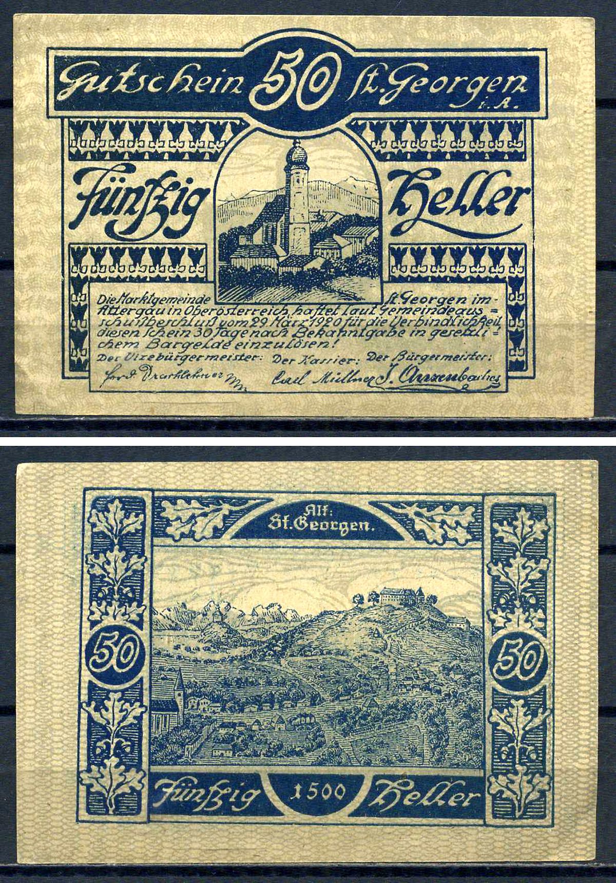 Санкт-Георген-им-Аттергау (Австрия) 50 геллеров 1920 Jaksc/Pick?JPR0888Ia-50 бумага aUNC 7556-31-2-2