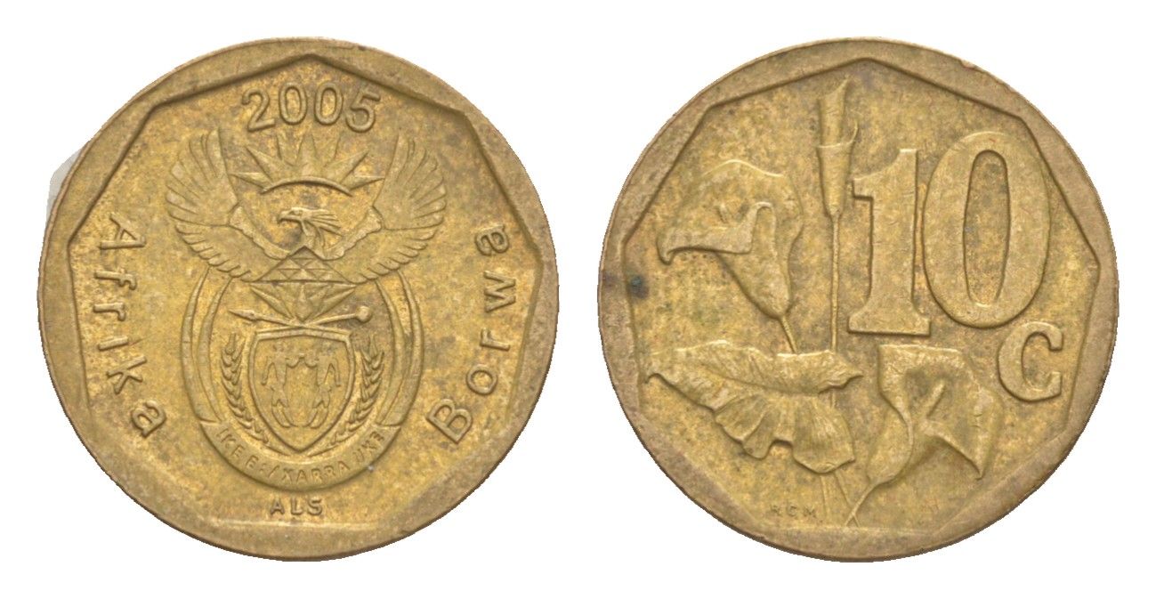 ЮАР 10 центов 2005 герб, цветок алоэ KM 292 сталь плакированная бронзой 4621-1057
