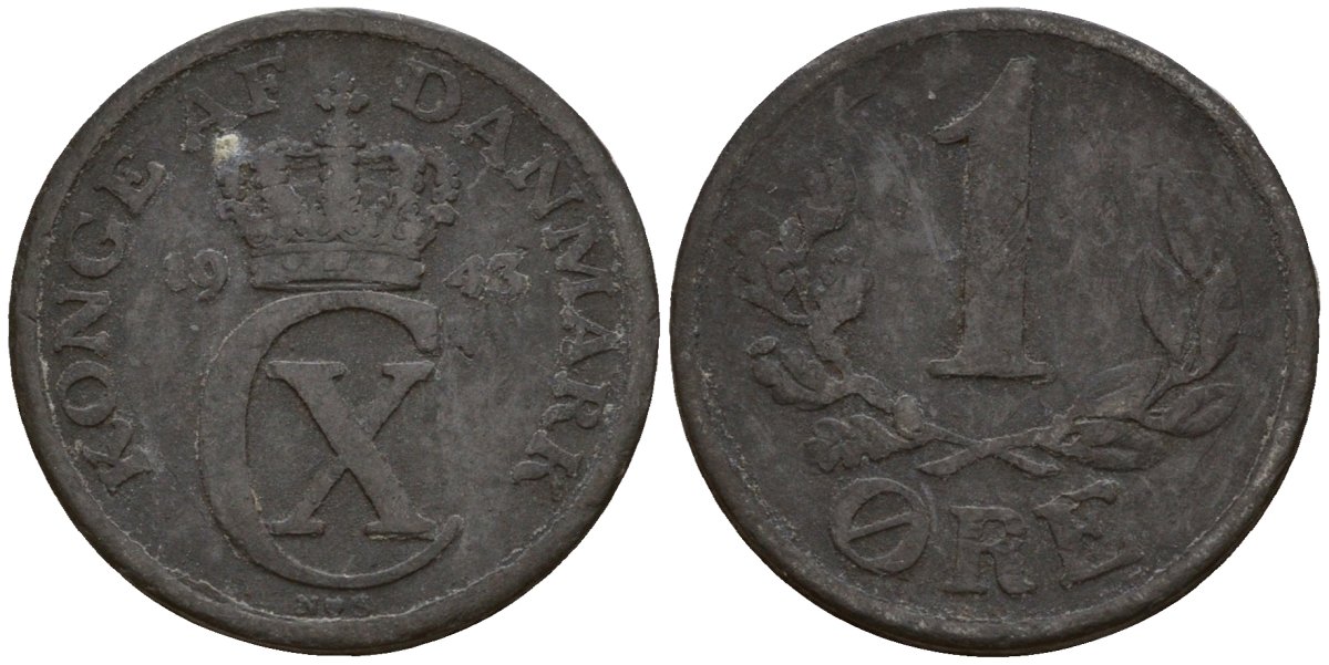 Дания 1 эре 1943 N; S, Кристиан X (1912-1947) KM 832 цинк 4154-1162