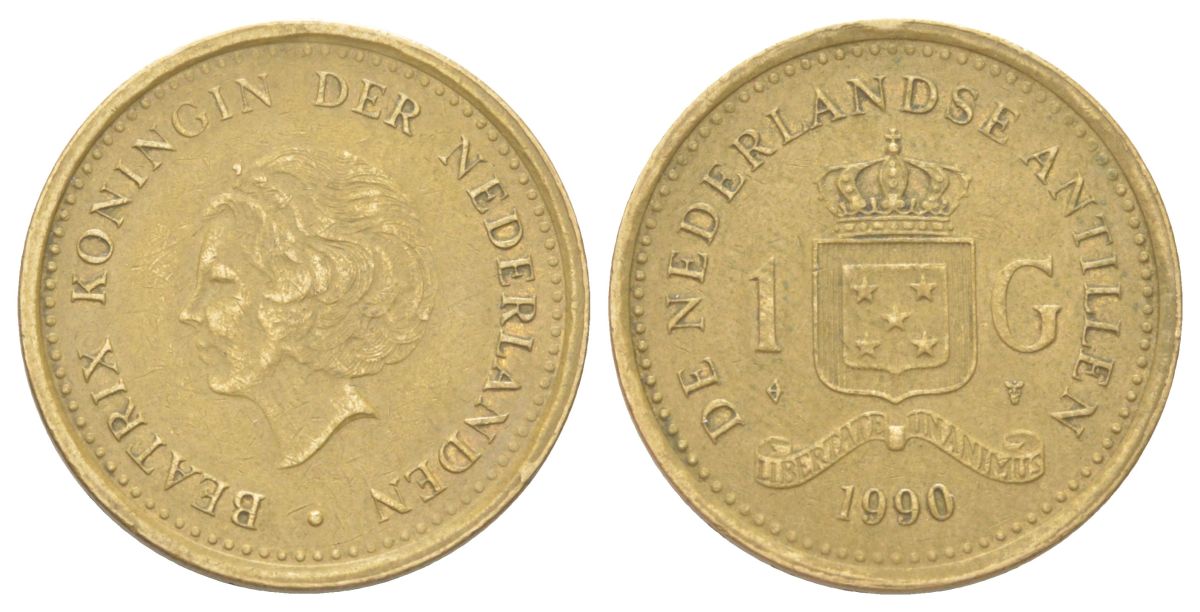 Нидерландские Антильские острова (Нидерландские Антилы) 1 гульден 1990 Беатрикс (1980-2013) KM 37 сталь плакированная бронзой 4624-456