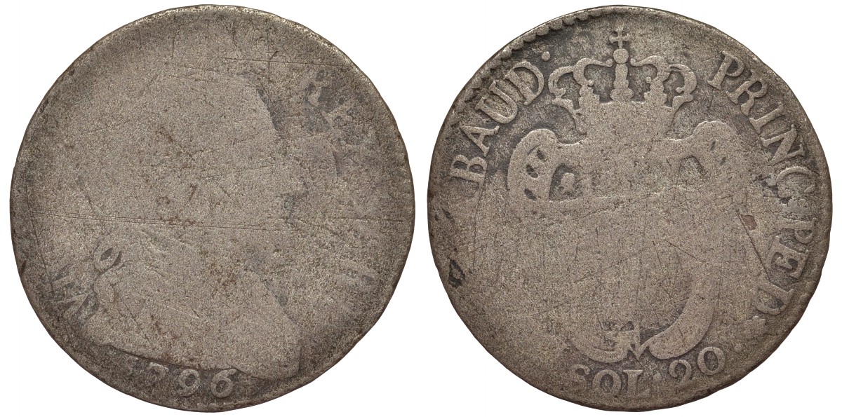 ИТАЛИЯ САРДИНИЯ 20 СОЛЬДИ 1796 КАРЛ ЭММАНУИЛ KM 58 серебро 189-242