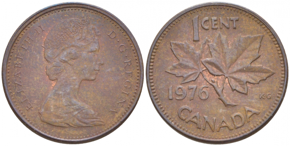Канада 1 цент 1976 Елизавета II (1952-2022), кленовый лист KM 59.1 бронза 3457-1256