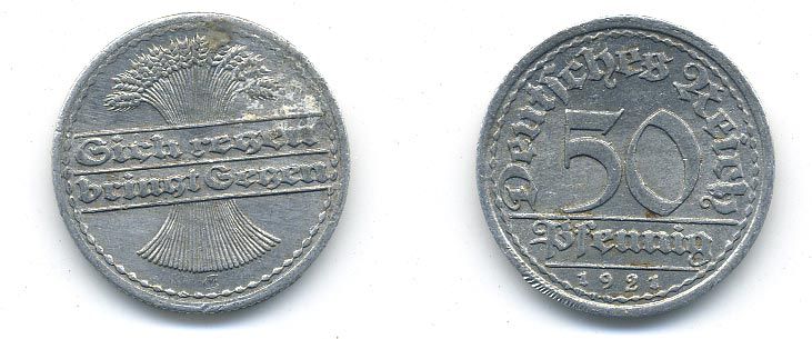 ГЕРМАНИЯ 50 ПФЕННИГОВ 1921 D KM 27, J. 301 алюминий 58-442