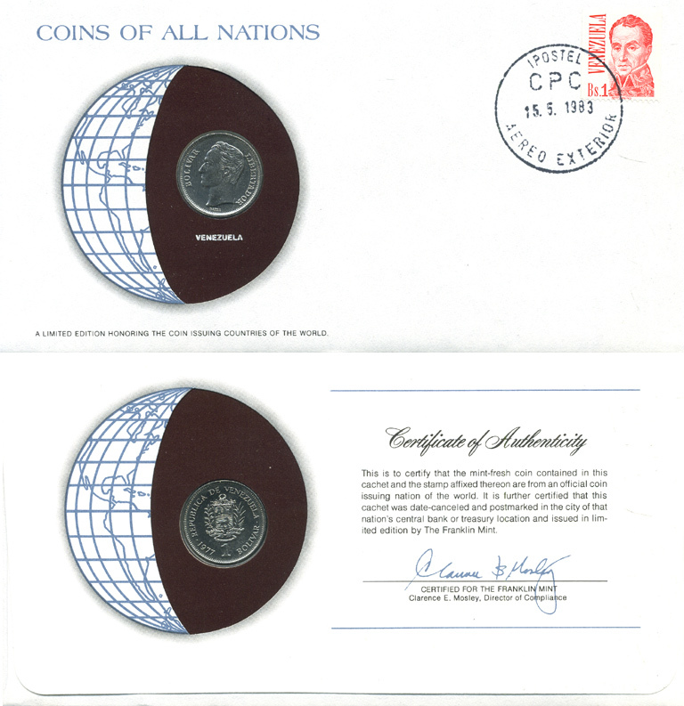 Венесуэла 1 боливар 1977 Симон Боливар конверт с маркой первого дня гашения, Coins of Nations KM 52 никель UNC 4294-75-3