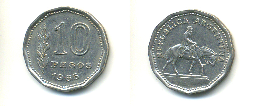 Аргентина 10 песо 1965 Гаучо KM 60 никелированная сталь 86-1031