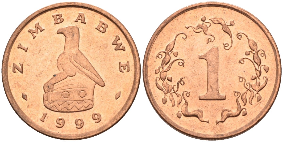 Зимбабве 1 цент 1999 птица-идол KM 1а сталь плакированная медью 4385-617