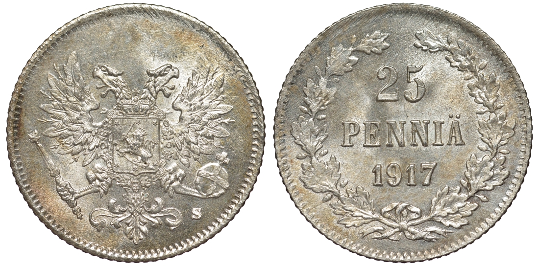 Россия для Финляндии 25 пенни 1917 S, временное правительство, без короны KM 19, Биткин 2 серебро 75-1447