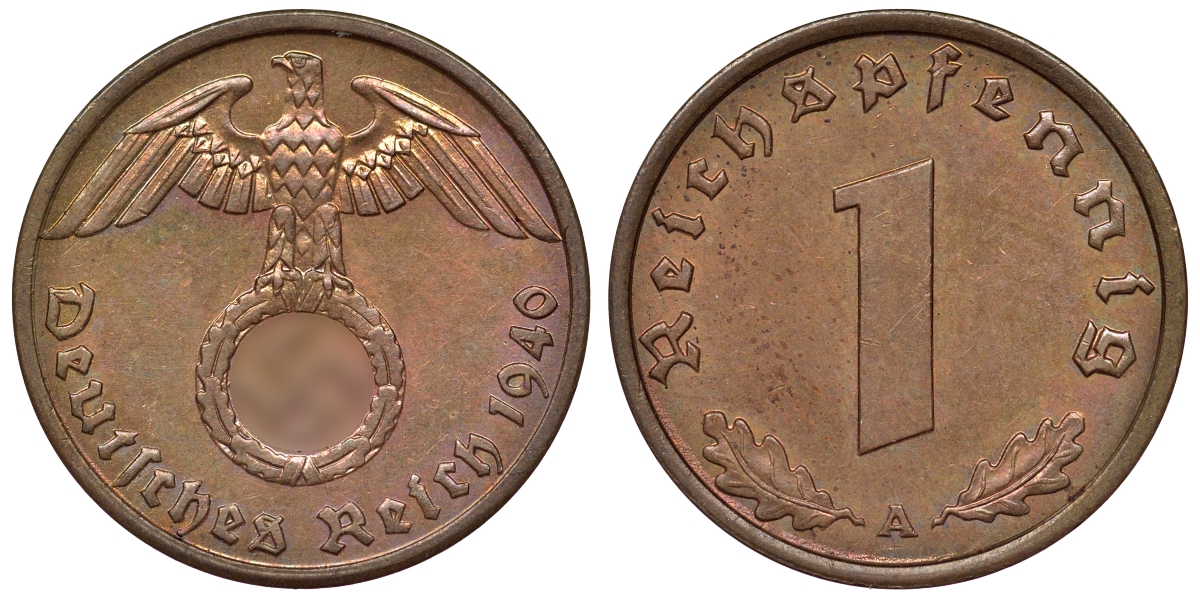 Германия 1 рейхспфенниг 1940 A KM 89, J. 361 бронза 71-1027