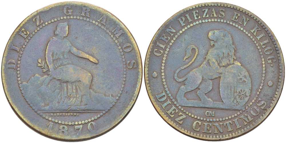 Испания 10 сентимо 1870 ОМ, лев со щитом KM 663 (Y54) медь 180-1216