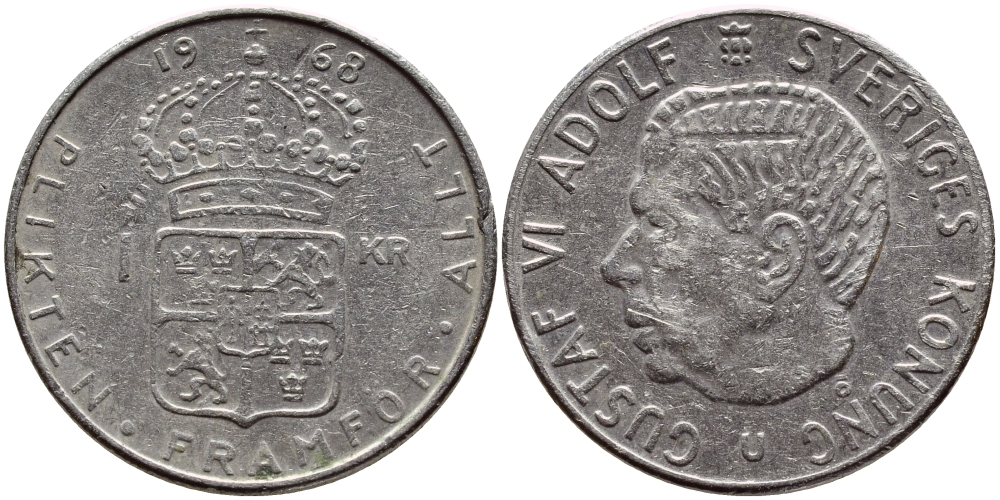 Швеция 1 крона 1968 Густав VI Адольф (1950-1973) KM 826a медь плакированная медно-никелем 4388-151