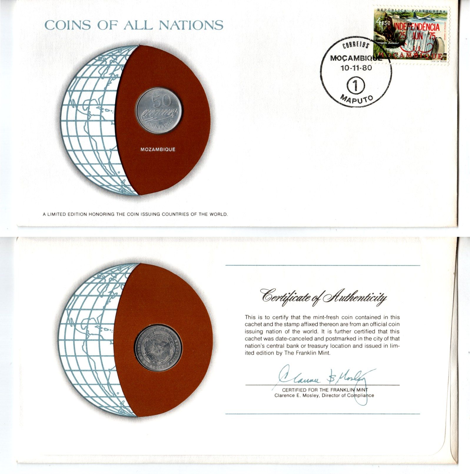 Мозамбик 50 сентаво 1980 конверт с маркой первого дня гашения, Coins of Nations KM 98 алюминий UNC 4294-1-2
