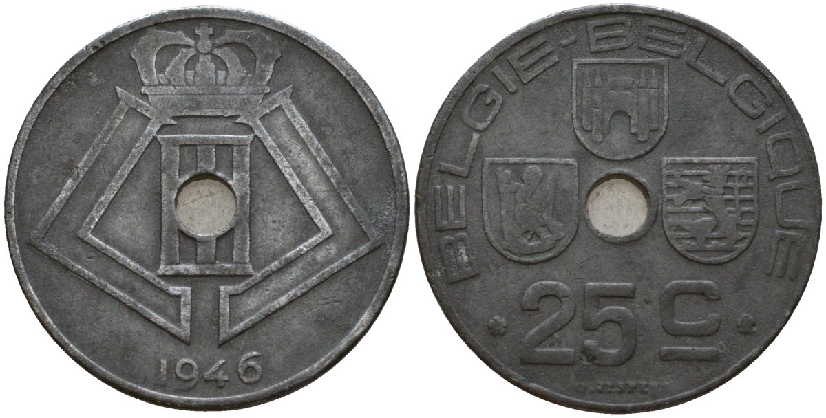 Бельгия 25 сантимов 1946 Belgie - Belgique KM 132 цинк 33-1232