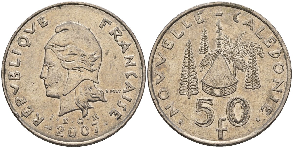 Французская Новая Каледония 50 франков 2007 хижина среди сосен и пальм, (IEOM) KM 13a, Schoen 15a, Lec 128i медно-никель 4144-835