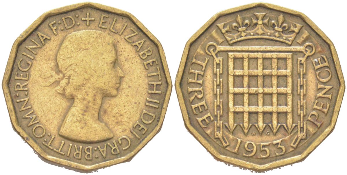 Великобритания 3 пенса 1953 Елизавета II (1952-2022) KM 886, Spink 4152 никель латунь 4614-817