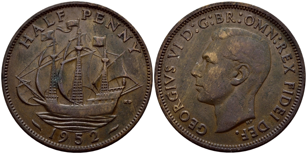 Великобритания 1/2 пенни 1952 Георг VI (1936-1952) KM 868, Spink 4118 бронза 3459-157