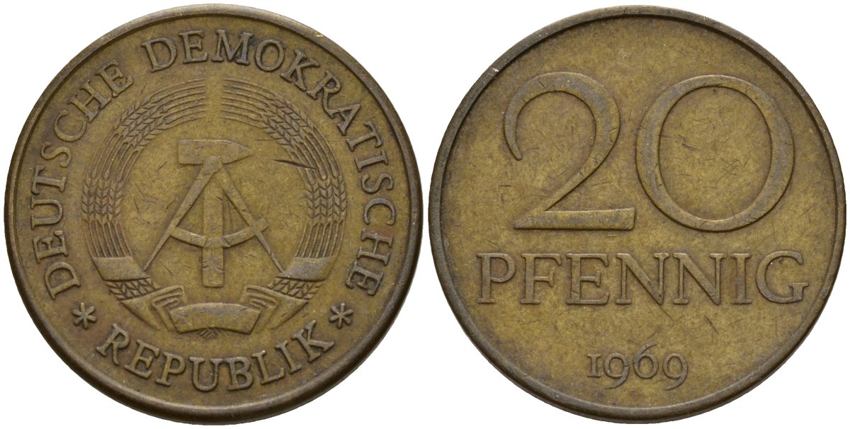 ГДР 20 пфеннигов 1969 A, первый год KM 11 латунь 92-734