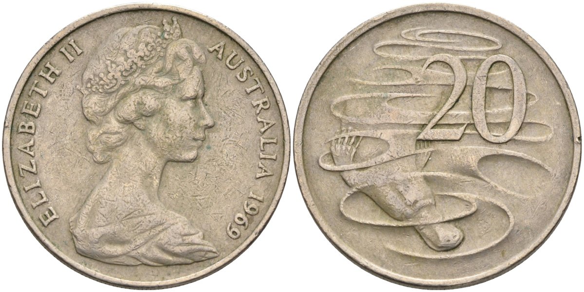 Австралия 20 центов 1969 Елизавета II (1952-2022), утконос KM 66 медно-никель 4131-845