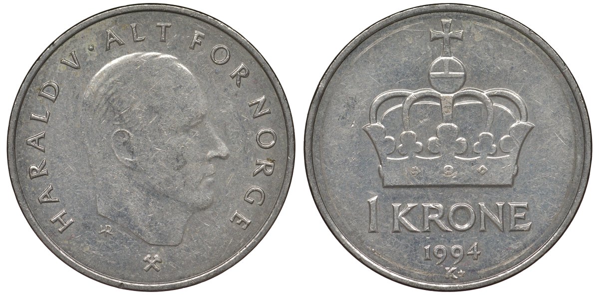 Норвегия 1 крона 1994 Харальд V (1991-) KM 436 медно-никель 4128-1111
