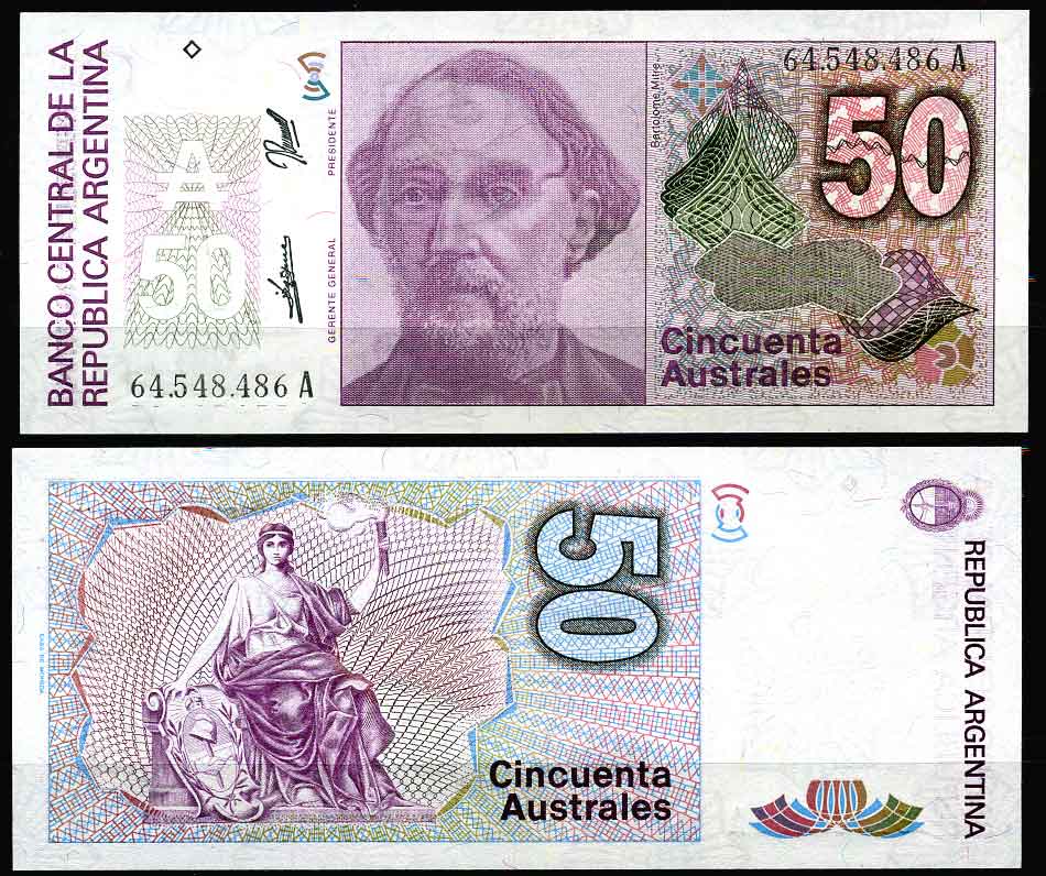 Аргентина 50 аустралей 1986 серия А 64548, Бартоломе Митре, Аргентинский политик, полководец Pick 326 b бумага UNC (пресс)   447-4-2