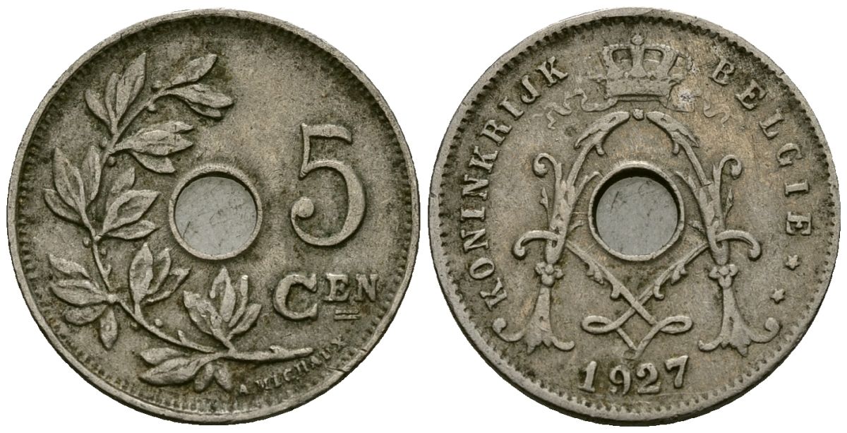 Бельгия 5 сантимов 1927 Belgie KM 67 медно-никель 4173-319