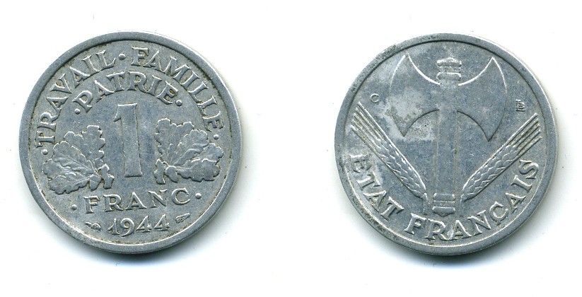 ФРАНЦИЯ 1 ФРАНК 1944 С, ТИП LEGERE, ПРАВИТЕЛЬСТВО ВИШИ KM 902.2, LE FRANC 223.7 алюминий 84-442