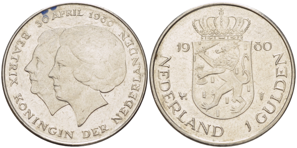 Нидерланды 1 гульден 1980 на коронацию Беатрикс, 30 апреля 1980 KM 200 никель 31-827