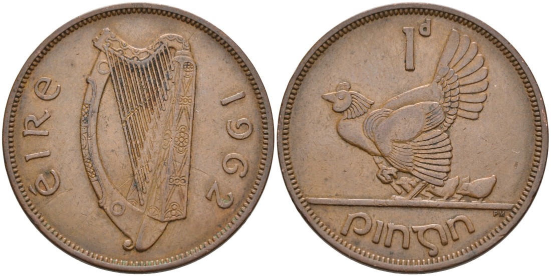 Ирландия 1 пенни 1962 курица с цыплятами KM 11 бронза 88-841