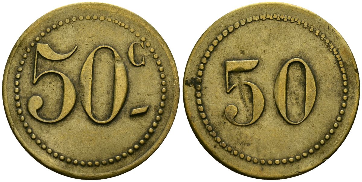 Франция 50 сантимов XIX-XX век ресторанный жетон латунь 4166-1225