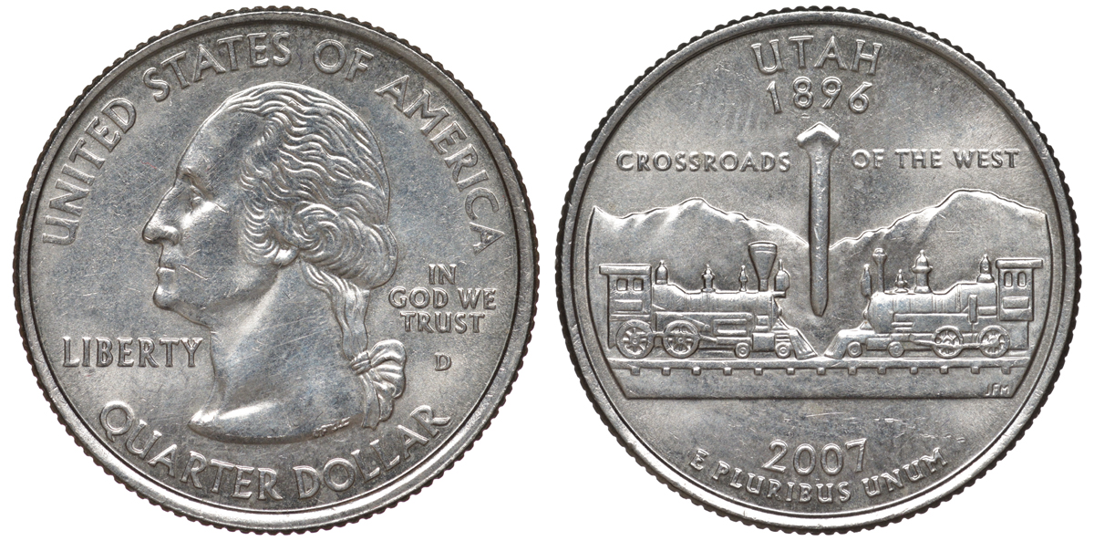 США 25 центов (квотер) 2007 D, серия штаты США, Юта KM 400 медь плакированная медно-никелем 4541-327