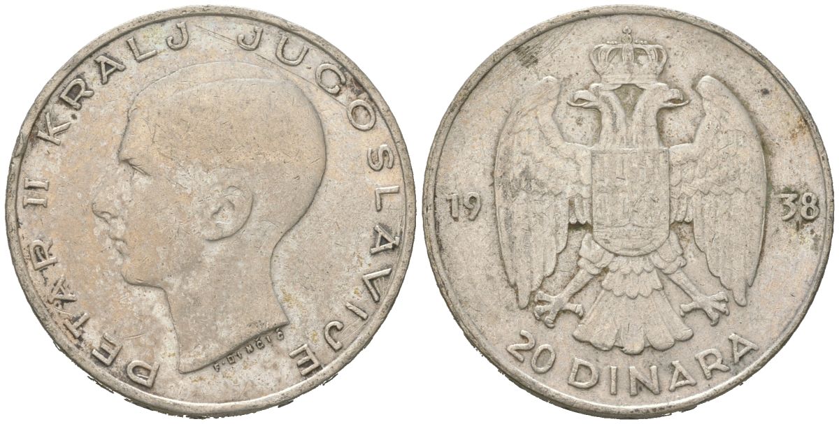 Югославия 20 динаров 1938 Петр II (1934-1945) KM 23 серебро 4182-132