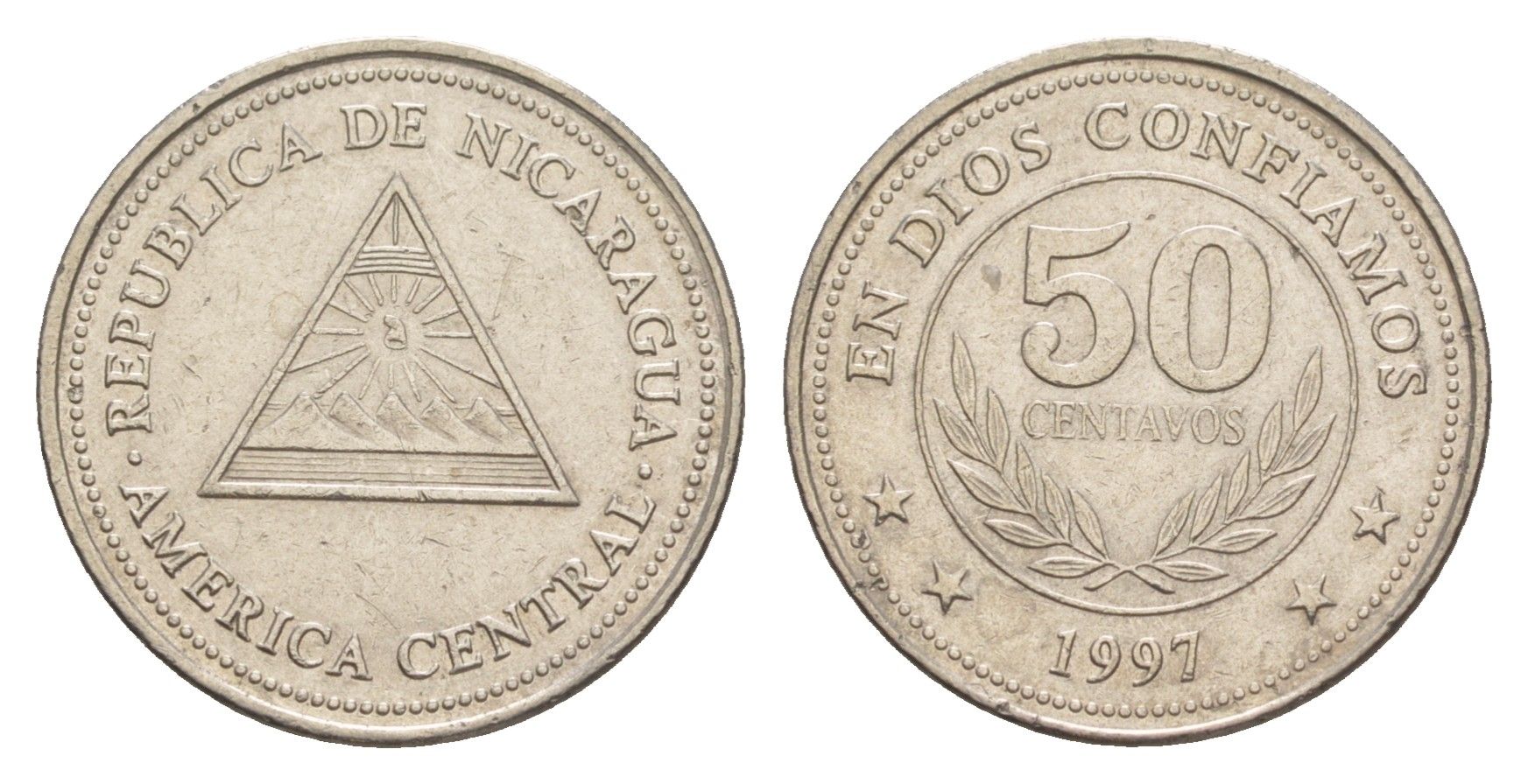 Никарагуа 50 сентаво 1997 KM 88 хромированная сталь UNC 4640-1044