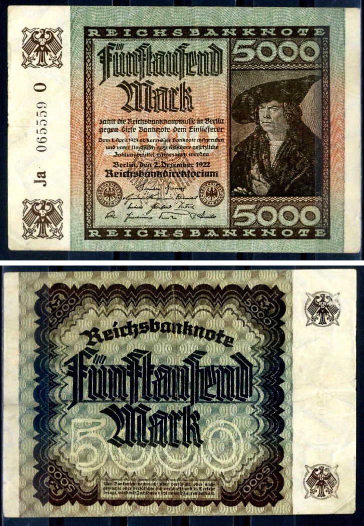 Германия 5000 марок 1922 2 декабря 1922, водяной знак E, серия O, буква Ja Pick 81 a бумага 8589-13-3-1