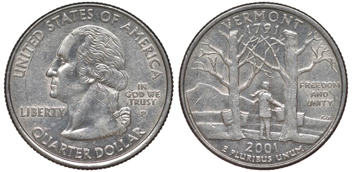США 25 центов = квотер 2001 Р, серия штаты США, Вермонт KM 321 медь плакированная медно-никелем 4538-1211