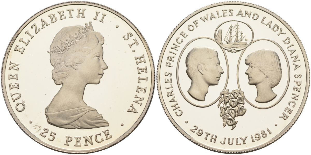 Остров Святой Елены 25 пенсов 1981 королевская свадьба принца Чарльза и леди Дианы Спенсер KM 9а серебро PROOF 00-00