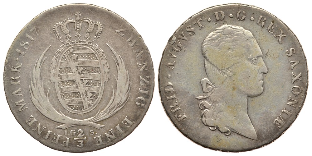 САКСОНИЯ 2/3 ТАЛЕРА 1817 I.G.S. ФРИДРИХ АВГУСТ I (1806-1827) KM 1052, Jaeger 21, AKS 32, Kahnt 413 серебро 413-4914