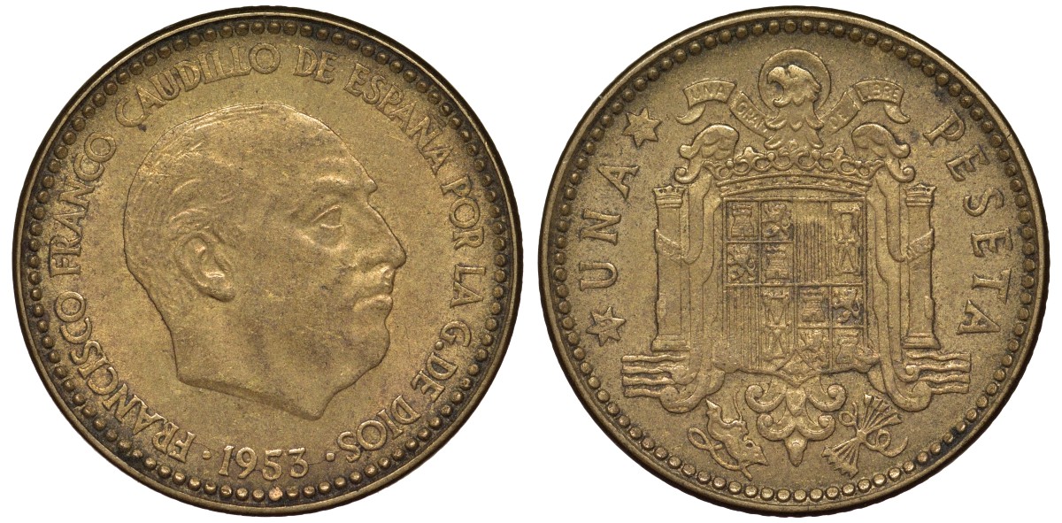 Испания 1 песета 1953 (56) Франциско Франко (1939-1975) KM 775 алюминиевая бронза 4163-113