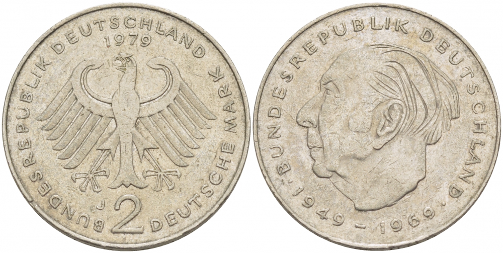 ФРГ 2 МАРКИ 1979 J, ТЕОДОР ХОЙС KM 127, J. 407 медно-никель плакированный никелем 3718-1023