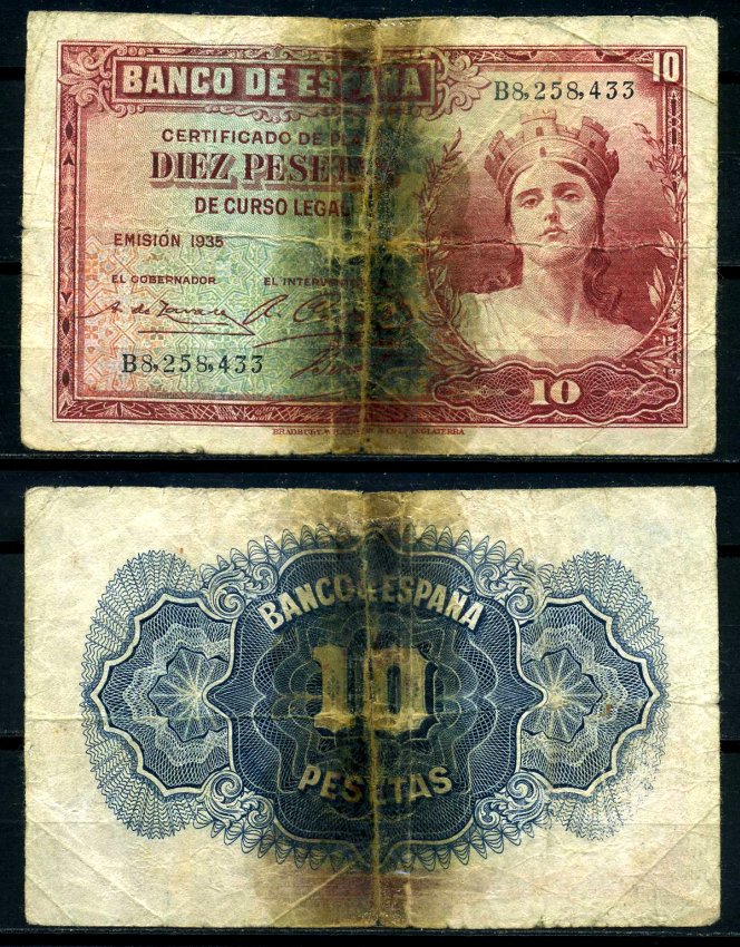 Испания 10 песет 1935 Bradbury Wilkinson, New Malden Pick 86а бумага 7203-50-2-2