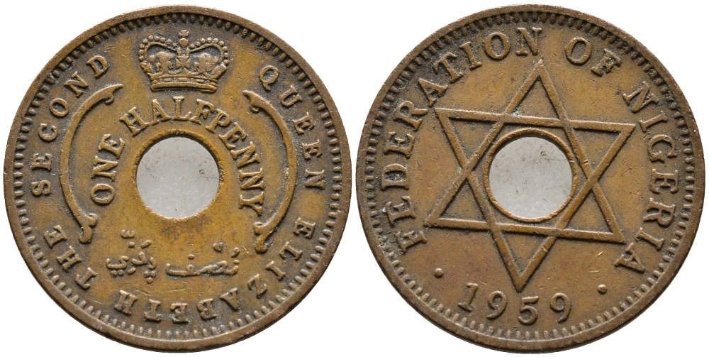 Нигерия 1/2 пенни 1959 Елизавета II (1952-), Британский протекторат KM 1 бронза 4387-349