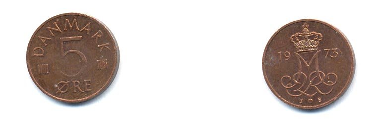 Дания 5 эре 1973 S; B, Маргрете II (1972- ) KM 859.1 железо плакированное медью 4379-743