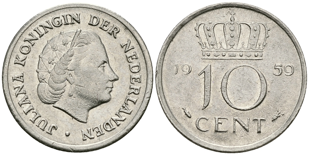 НИДЕРЛАНДЫ 10 ЦЕНТОВ 1959 ЮЛИАНА KM 182 никель 96-347