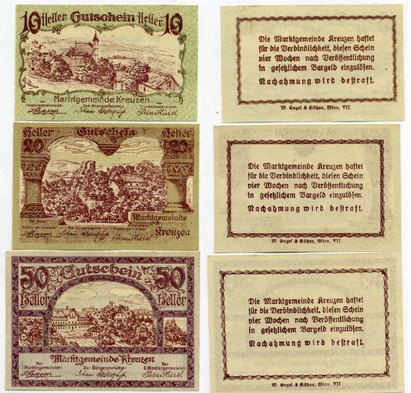 Австрия, Бад-Кройцен набор из 3 банкнот 10, 20, 50 геллеров 1920 нотгельд, коммуна в Верхней Австрии   бумага  UNC (пресс) 7555-22-2-1