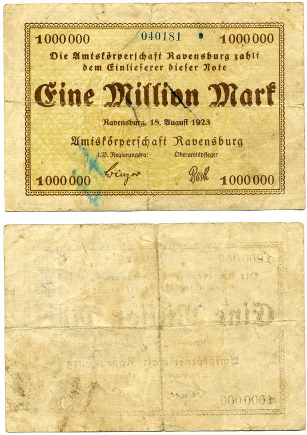 Германия, Равенсбург 1000000 марок 1918 нотгельд, земля Баден-Вюртемберг, 18 августа 1923 Keller 4454а бумага 2193-28-3-2