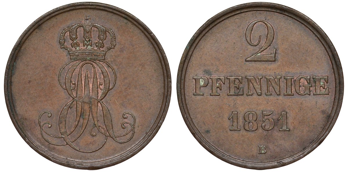 Ганновер 2 пфеннига 1851 B, Эрнст Август (1837-1851) KM 202.1, AKS 124, J. 75 медь 72-414