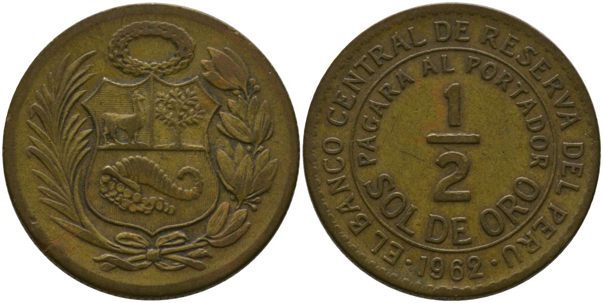 Перу 1/2 соль 1962 KM 220.5, Schon 23 латунь 4539-433