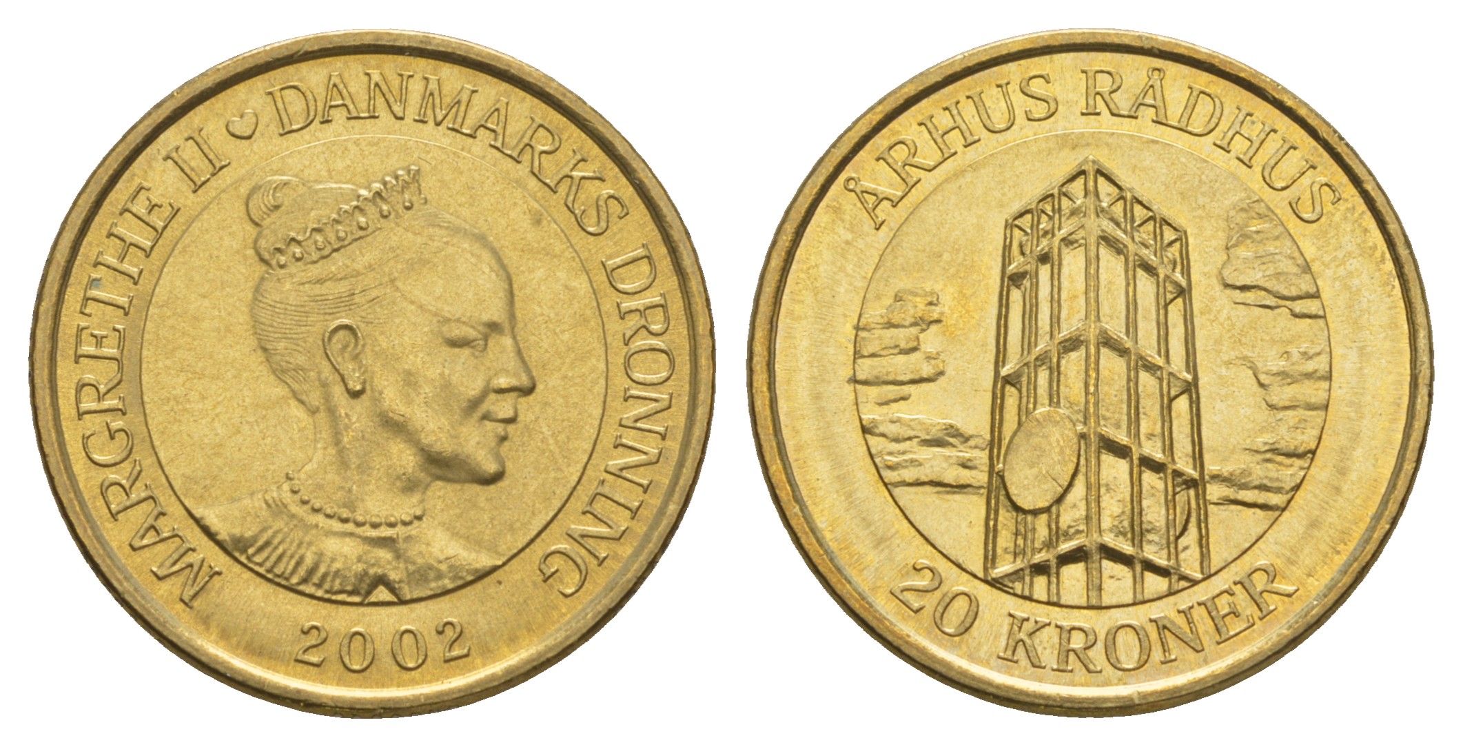 Дания 20 крон 2002 Башня Ратуши, Орхус KM 889 алюминиевая бронза UNC 4657-1235