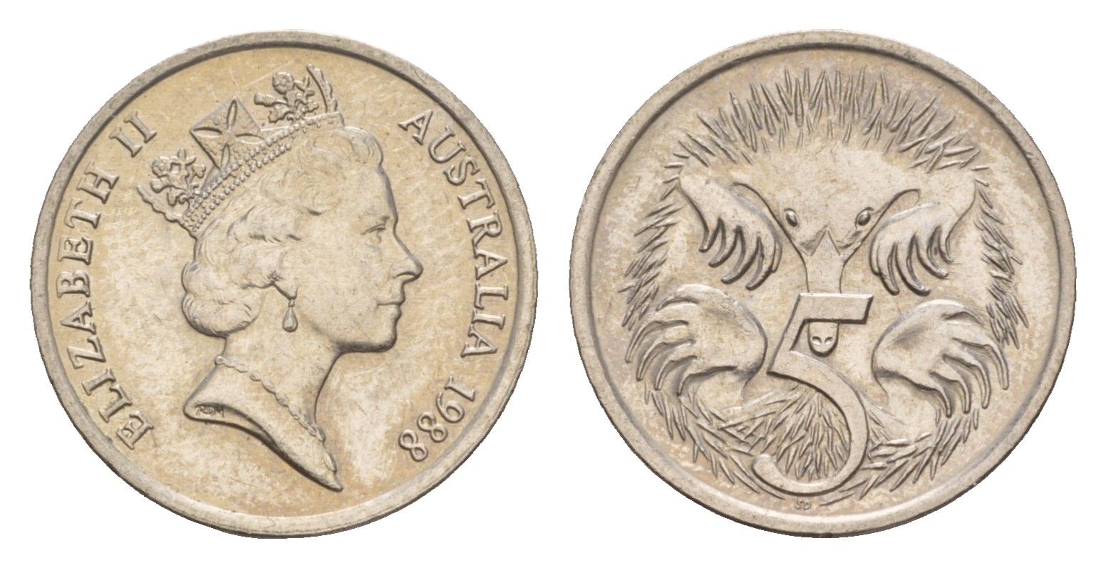 Австралия 5 центов 1988 Елизавета II (1952-2022), ехидна KM 80 медно-никель 4658-114
