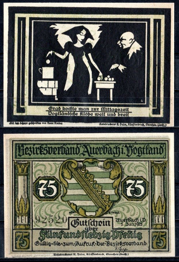 Ауэрбах-им-Фогтланд (Саксония) 75 пфеннигов 1921 Mehl Grabowski 53.2-5/6 бумага UNC (пресс) 7556-41-2-2