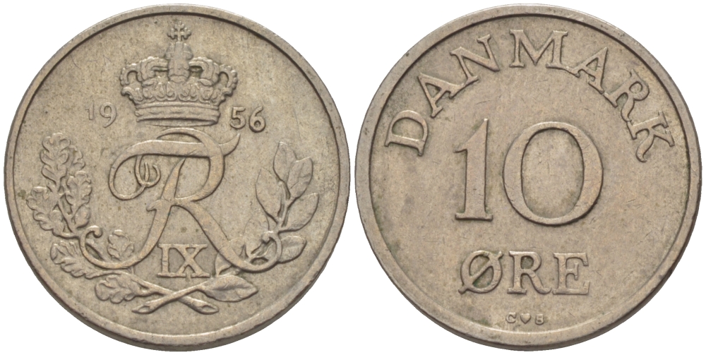ДАНИЯ 10 ЭРЕ 1956 C; S, ФРЕДЕРИК IX (1947-1972) КМ 841.2 медно-никель 100-259