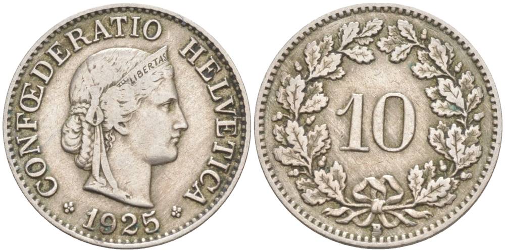 ШВЕЙЦАРИЯ 10 РАППЕНОВ 1925 В KM 27 медно-никель 3309-367